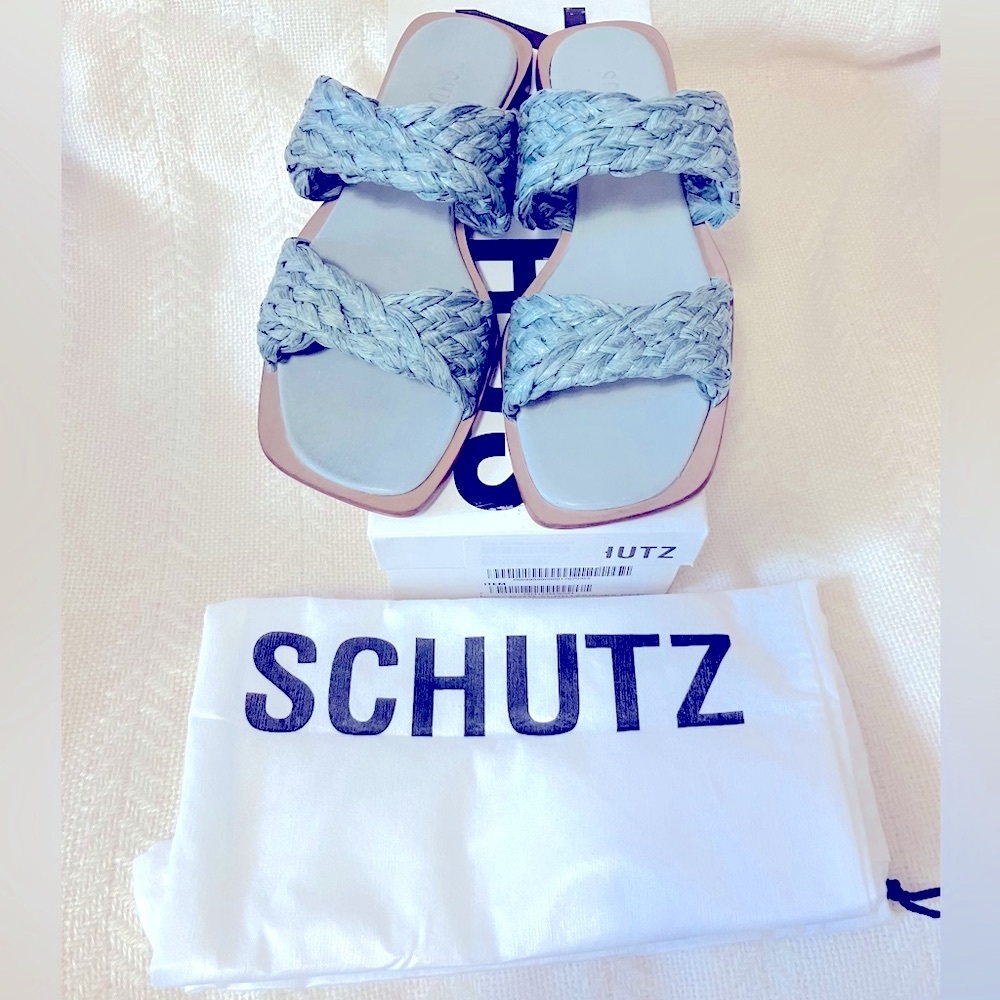 Schutz Amani Square Toe Straw Flat Sandals - New